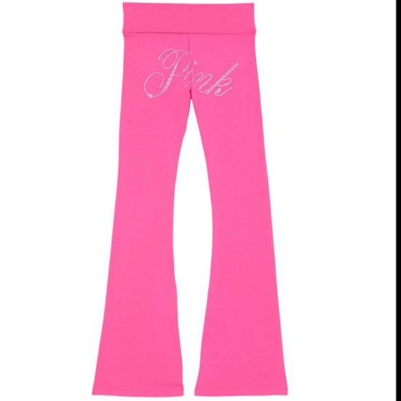 PINK Victoria's Secret Pants - VS PINK Carmine Rose Bling Foldover Flare Leggings Size Medium NWT